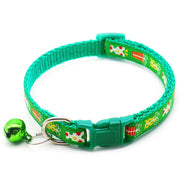 Adjustable green Christmas pet collar with Father Christmas presents design and jingling bell for dogs and cats holiday accessory